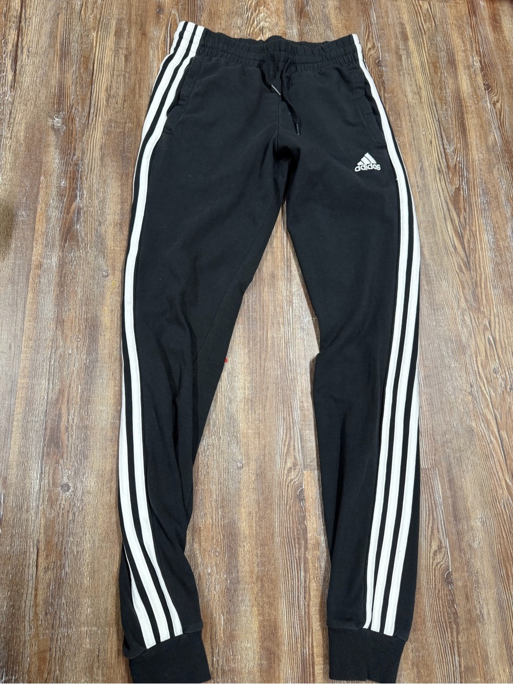 Adidas black joggers with white stripes, size 2XS
